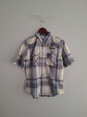 Vintage Men's Short-Sleeve Plaid Button-Up Shirt in Gray and Cream SZ M